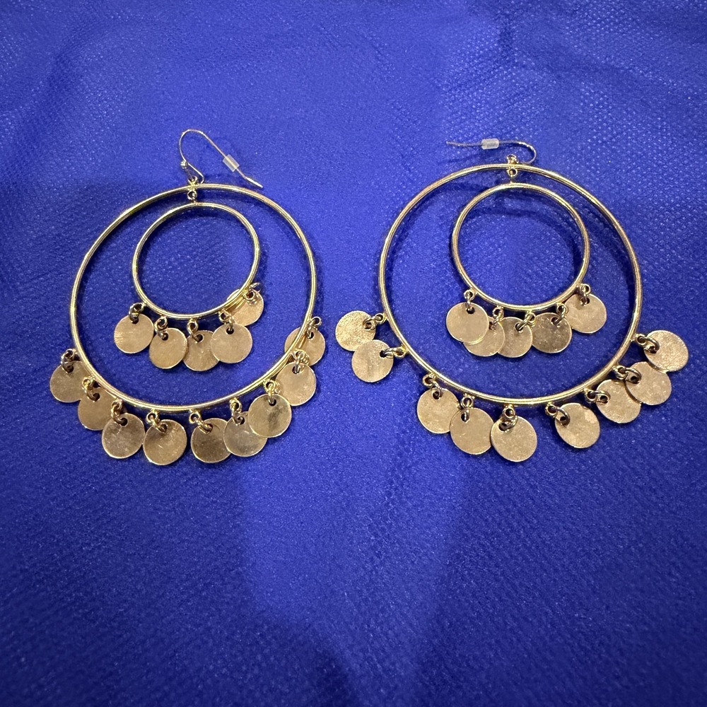 Gold Tone Double Hoop Disc Dangle Earrings Womens 3 Inch Statement Boho Chic